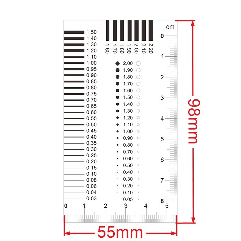 Medidor de fio medidor de ponto de cartão de mancha de medição de passagem de crachá transparente filme régua mancha fenda contraste régua