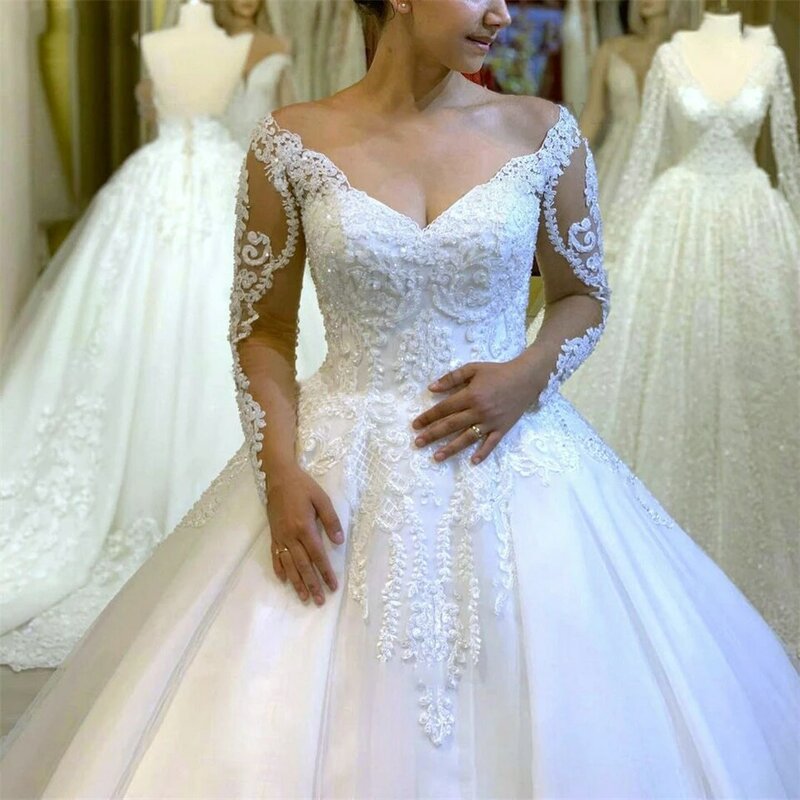 Elegant Sequins Appliques V-neck Lace Ball Gown 2024 Wedding Dresses For Woman Court Train Bridal Gowns Vestidos De Novia