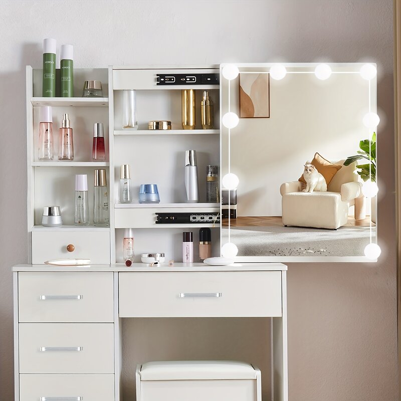 Maquiagem Vanity Table Set com espelho iluminado, Penteadeira com gavetas de armazenamento, mesa branca, 6 gavetas, 1 conjunto
