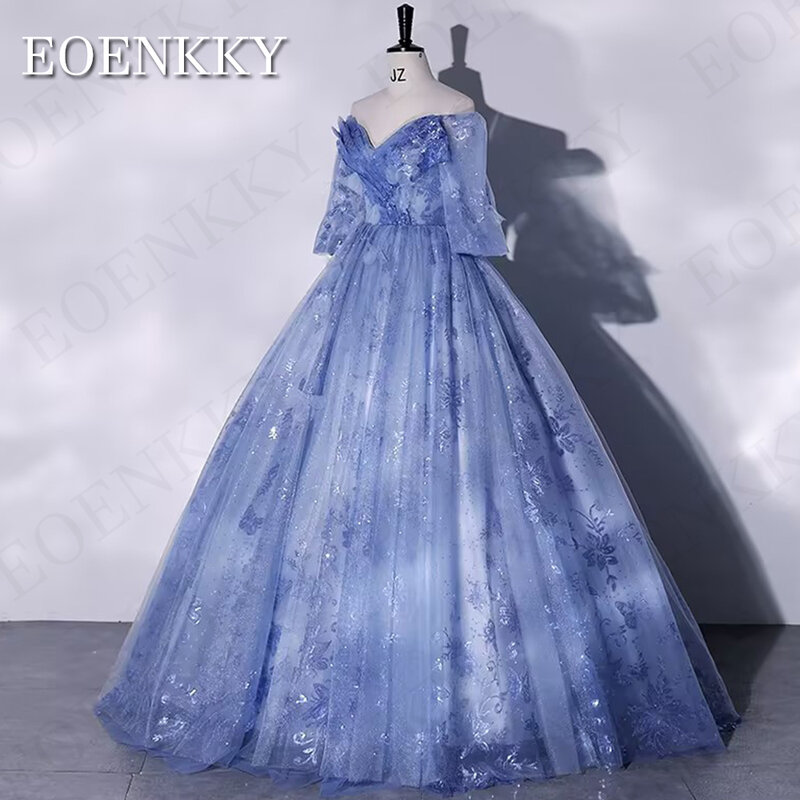 Puff Sleeves Princess Prom Dress Ball Gown vestido festas luxo Off Shoulder 3D Flowers Sequined Formal Occasion Party Dresses