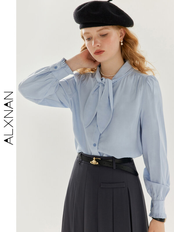 ALXNAN niebieska w stylu Casual wstążka z długim rękawem dla kobiet 2024 jesień i zima francuski elegancki strój biurowy koszula damska TM00619