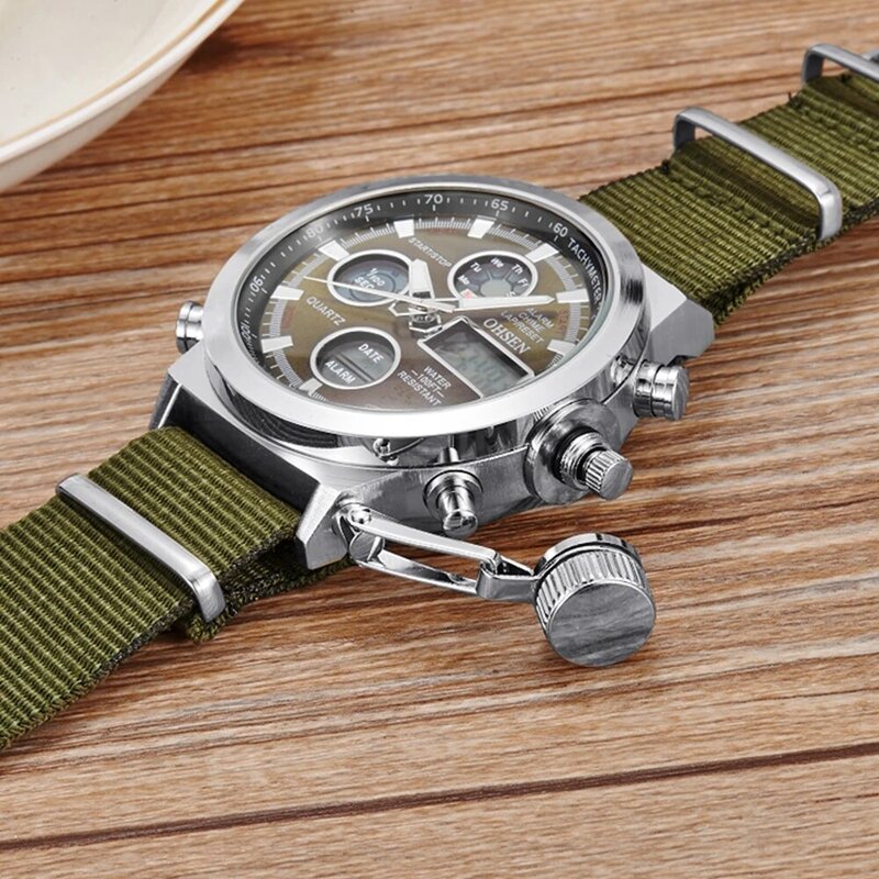 OHSEN-남성 쿼츠 시계, 밀리터리 스포츠 시계, 디지털 육군 녹색 캔버스 스트랩, 방수 시계, 듀얼 타임, 남성 시계, 손목 시계