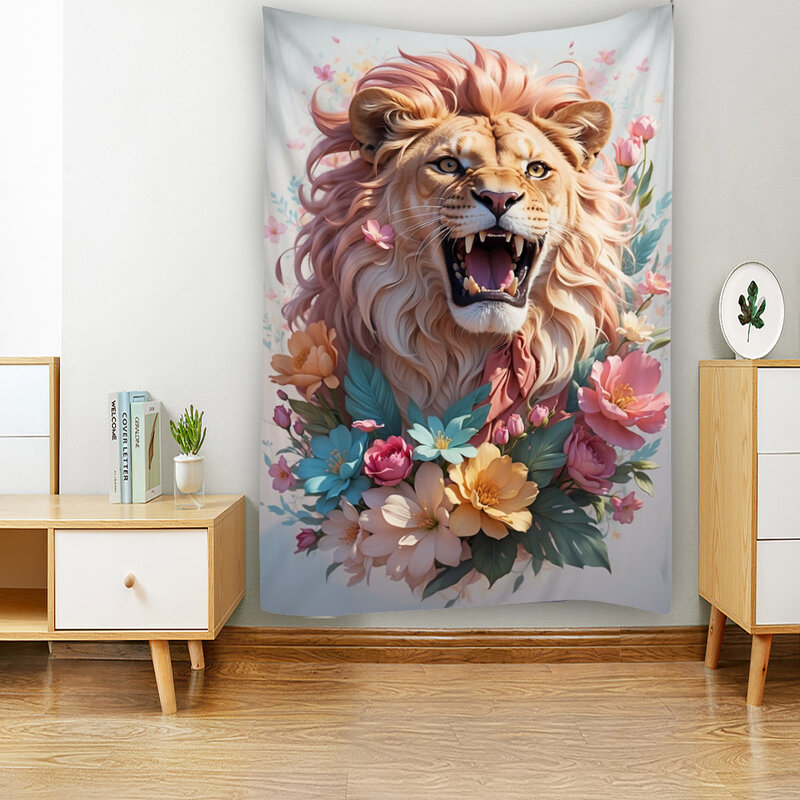 Lion flower tapestry, colorful animal wall art decoration, polyester printing, home, bedroom, dormitory, hippie wall hanging