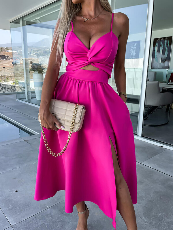 Sommer Frauen Slim Fit eine Linie Midi-Kleid 2023 Party Club ärmellose V-Ausschnitt festes Kleid elegante Dame Patchwork aus der Schulter Kleid