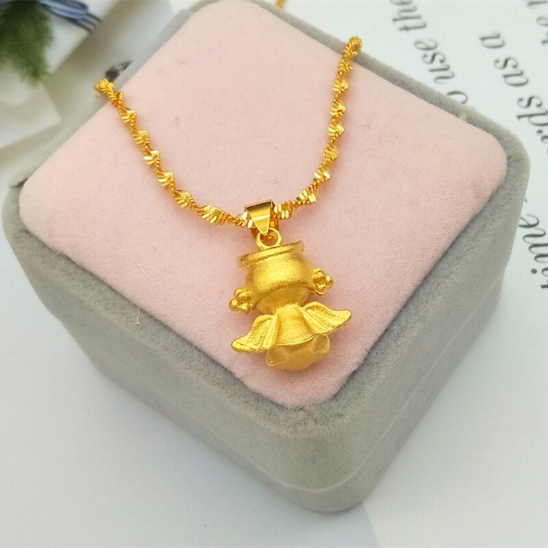 24K Gold Filled Plated Necklace Cute Angel Choker For Ladies Women Jewelry Waterwave Pendant Gifts With Water Ripple Chain