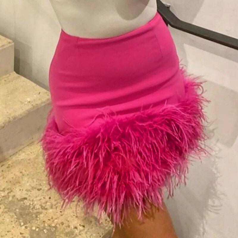 2024 gonna di piume impiombate donna elastico in vita sottile stile corto Sexy tinta unita nuova moda Versatile abiti Clubwear femminili