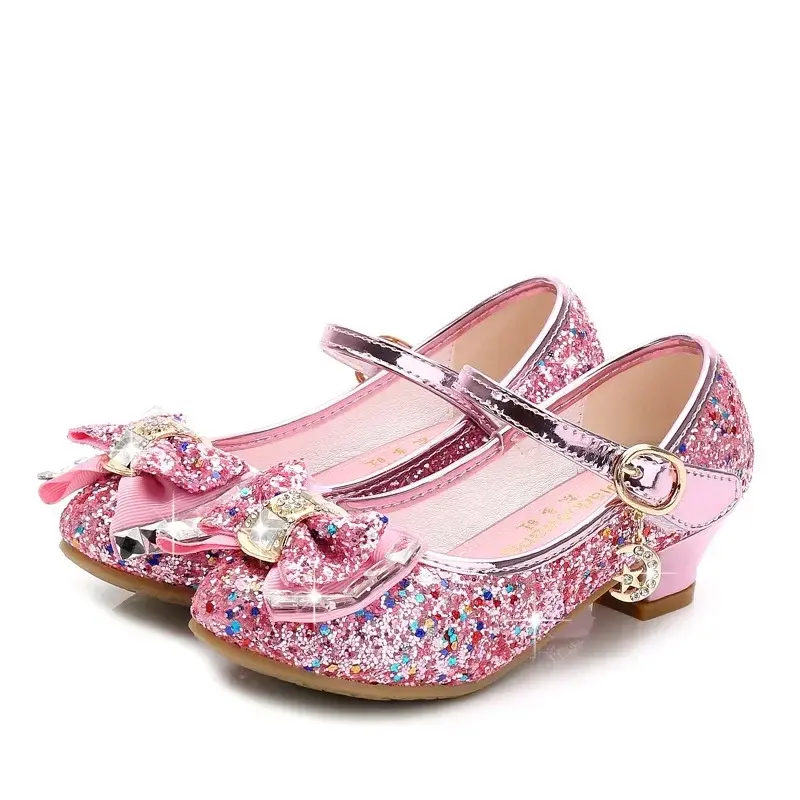 Zapatos de princesa con decoración de diamantes de imitación y lazo para niña, zapatos de baile cómodos, suela suave, boca baja, moda para niños, otoño