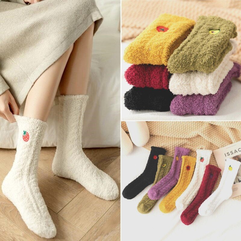 Coral Fleece Socks Women's Thickened Soft Fluffy Autumn Winter Warm Fruit Pattern Medium Tube Home Floor Socks Sleeping Socks