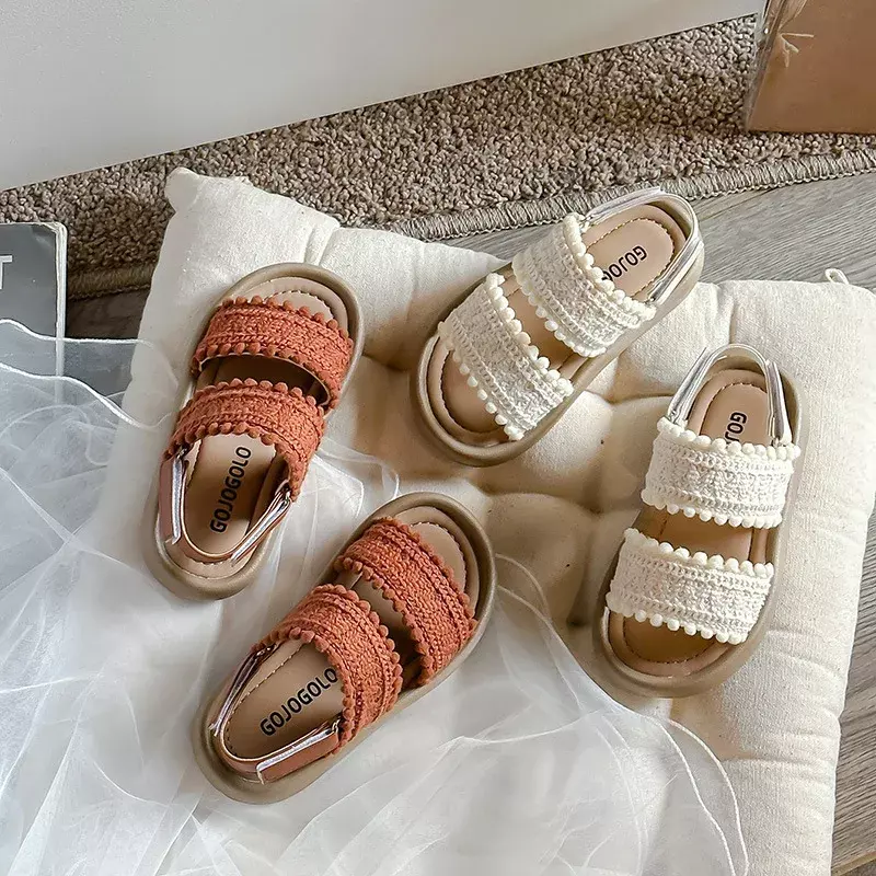 Сандалии детские пляжные с открытым носком, модные босоножки принцессы в стиле ретро, повседневная мягкая обувь на липучке, Симпатичные универсальные, 2024