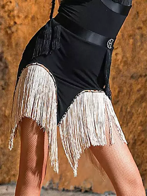 Falda de malla con borlas para mujer, ropa de baile latino, traje de actuación de Chacha, Rumba y Samba, color blanco y negro