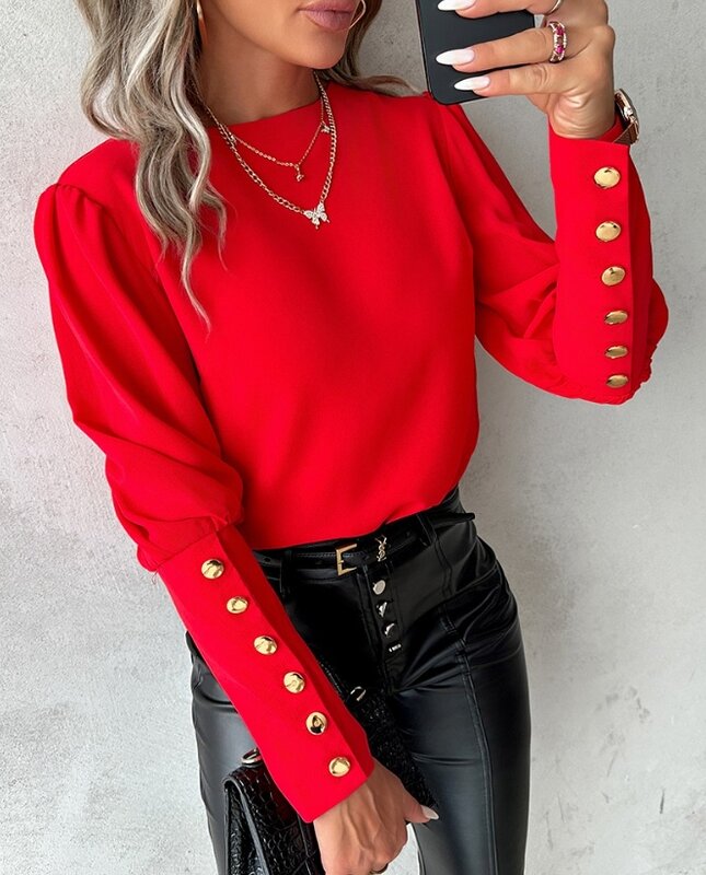 Womens Blouse 2023 New Autumn Fashion Buttoned Eyelash Lace PatchTop Solid Color Long Sleeved Commuting Sexy Backless Blouses