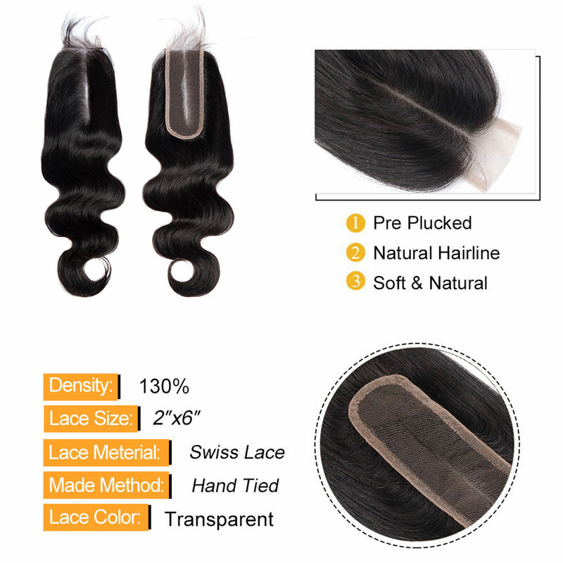 Extensiones de cabello humano con cierre de encaje transparente para mujer, cabello liso, prearrancado Color Natural, onda corporal, 2x6, 2x6