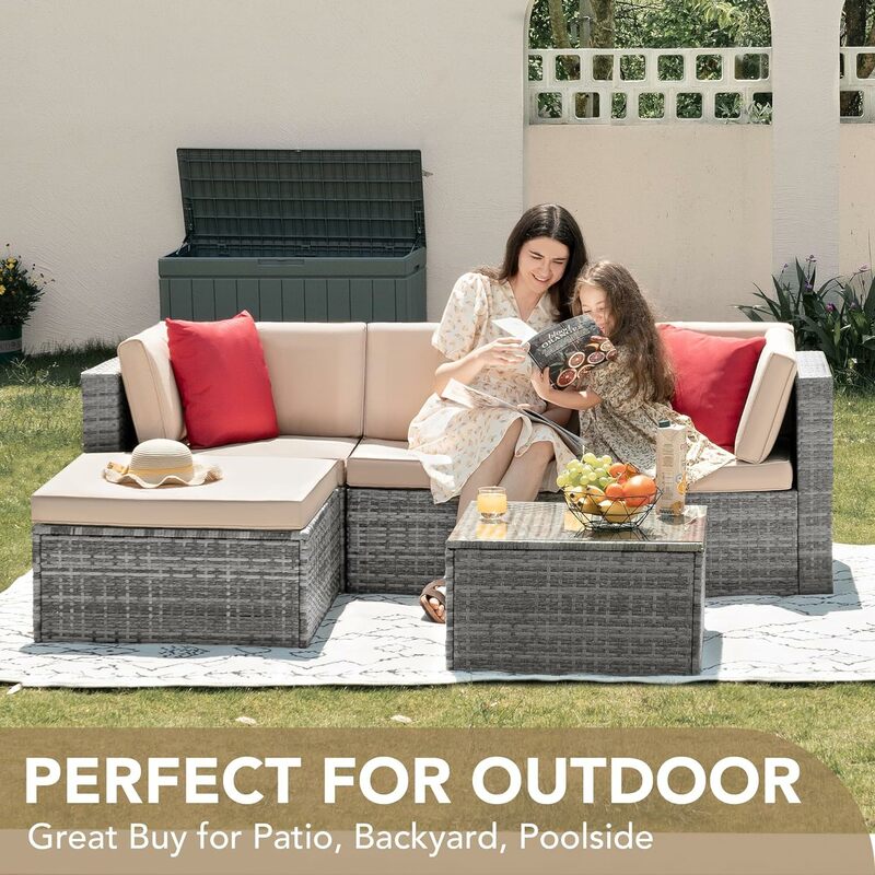 5 Pieces Patio Furniture Sets Outdoor Sectional Sofa with Cushin and Glass Table (Grey)