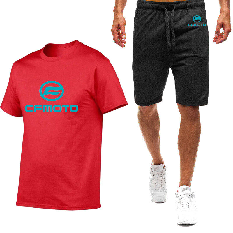 2023 New Summer Cfmoto Logo Print Men's Popular Solid Color Short Sleeved Tops+Casual Comfortable Cotton Sweatpants Classic Sets