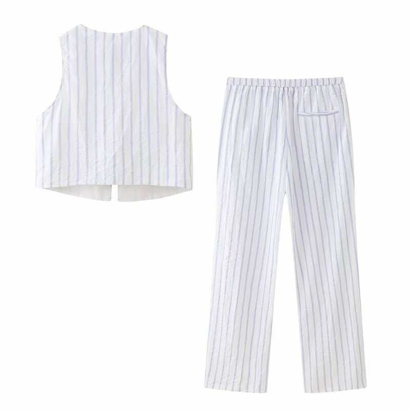 Suit Women's 2 Pieces 2024 Fashion Wrinkle Effect Striped Vest Retro Sleeveless Top Women+striped Pajamas Style Trousers Suit