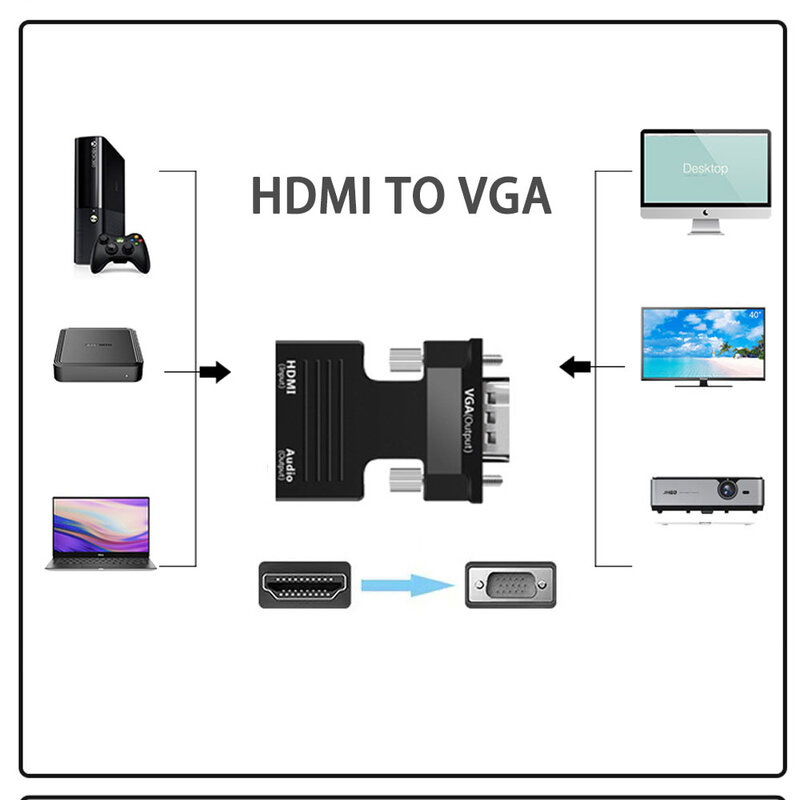 VGA إلى HDMI-متوافق محول محول 1080P مهايئ VGA لأجهزة الكمبيوتر المحمول إلى HDTV العارض الفيديو الصوت HDMI-متوافق مع VGA