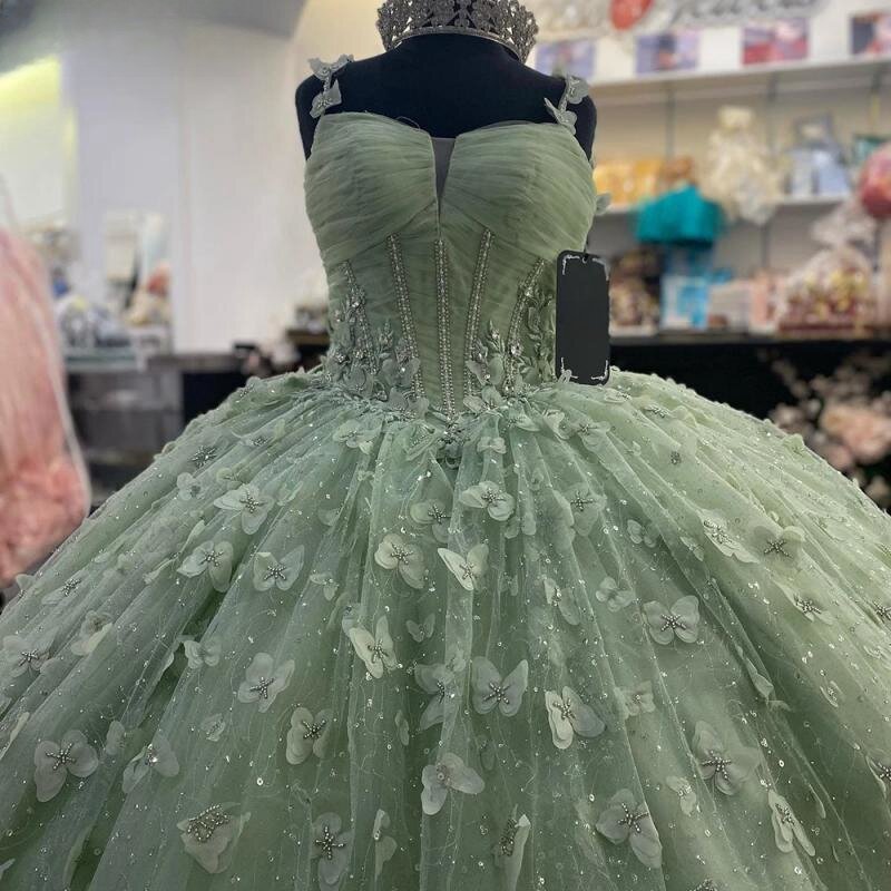 Vestido De quinceañera plisado con lazo De mariposa 3D, verde salvia, correa De espagueti, corsé con cuentas De cristal, 15 Años