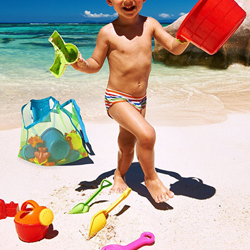 Tas Tangan Jala Pantai Luar Ruangan Tas Pakaian Mainan Pantai Anak Portabel Dapat Dilipat Tas Penyimpanan Serba-serbi Mainan Anak-anak