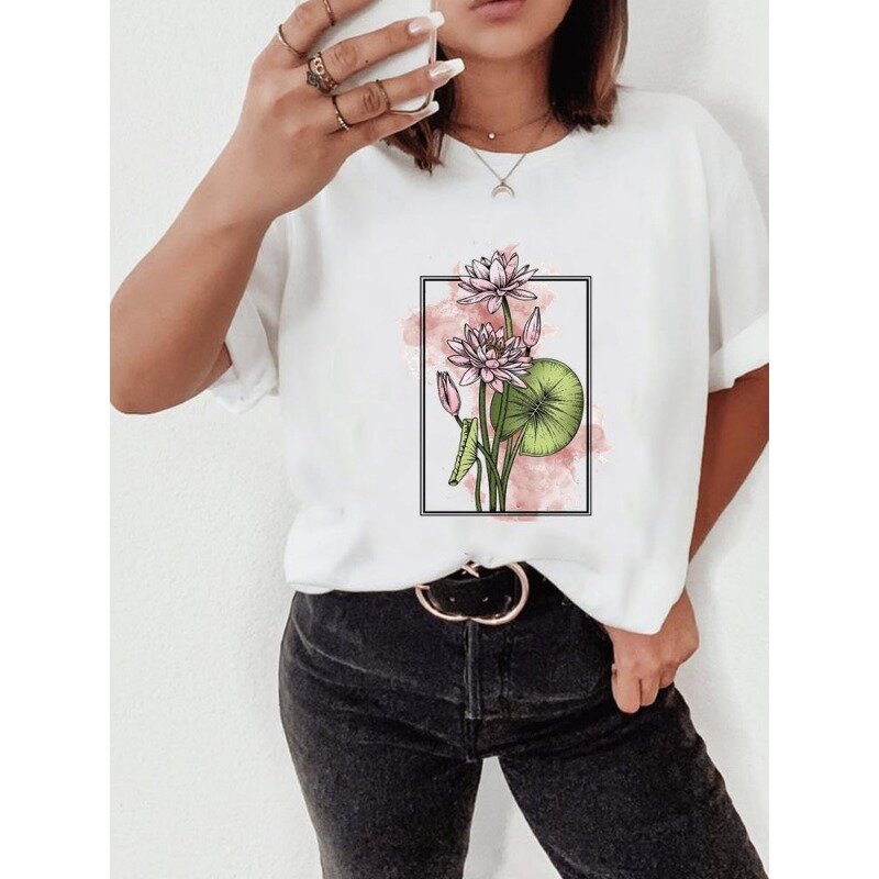 Camiseta de manga corta con estampado de paisaje Natural para mujer, Tops de gran tamaño, camisetas gráficas, moda explosiva, flores, Harajuku