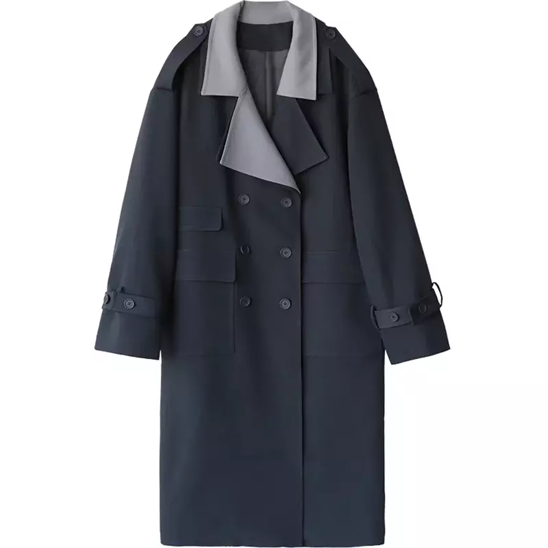 Chic Ven-casaco trespassado longo feminino, blusão de contraste solto, gola dupla, monocromático, senhora do escritório, primavera, outono