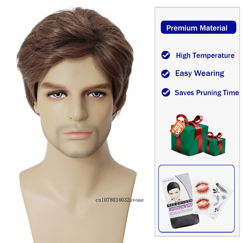 Synthetic Mens Short Brown Wig Hair Replacement Natural Wig with Bangs White Goodman Costume Halloween Costume Party Businessman