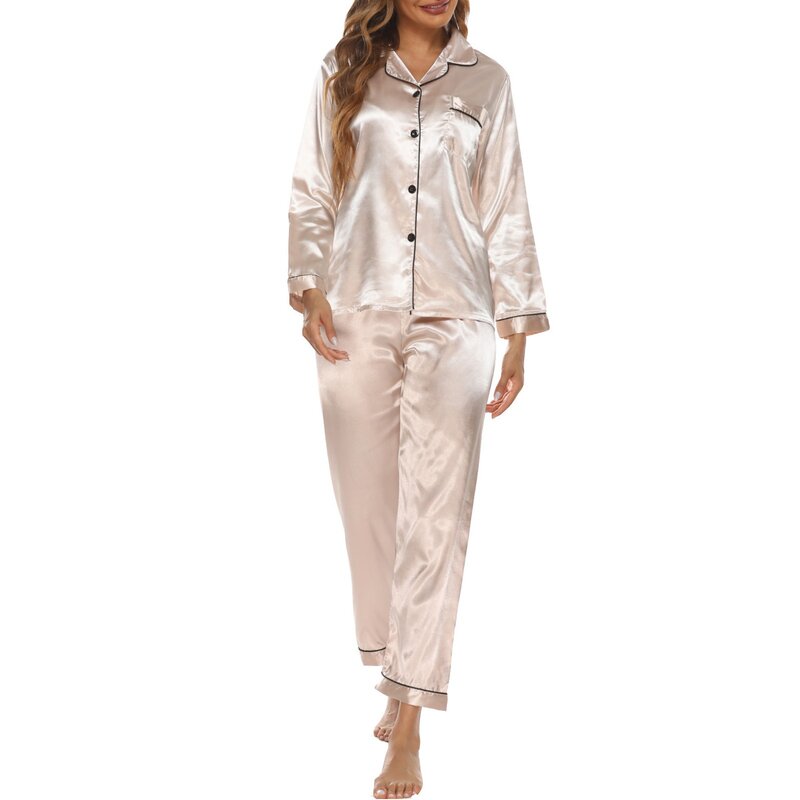 Dames Pure Kleur Eenvoud Pyjama Set Satijn Zacht Comfortabel Revers Shirt Lange Nachtkleding Homewear Tweedelige Outfits