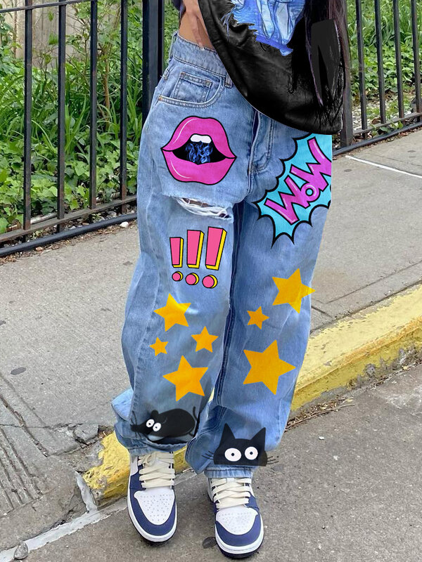 Fashionable Retro Cartoon Printed Straight Jeans Female 2024 Spring and Autumn Street Style Ripped Denim Trousers for Women