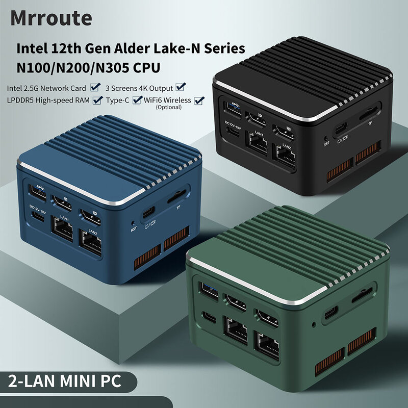 Mrroute คอมพิวเตอร์ขนาดเล็ก M1 N100/N200/i3-N305 2-LAN สามจอแรม16กรัม LPDDR5 512กรัมกระเป๋า SSD Win 11