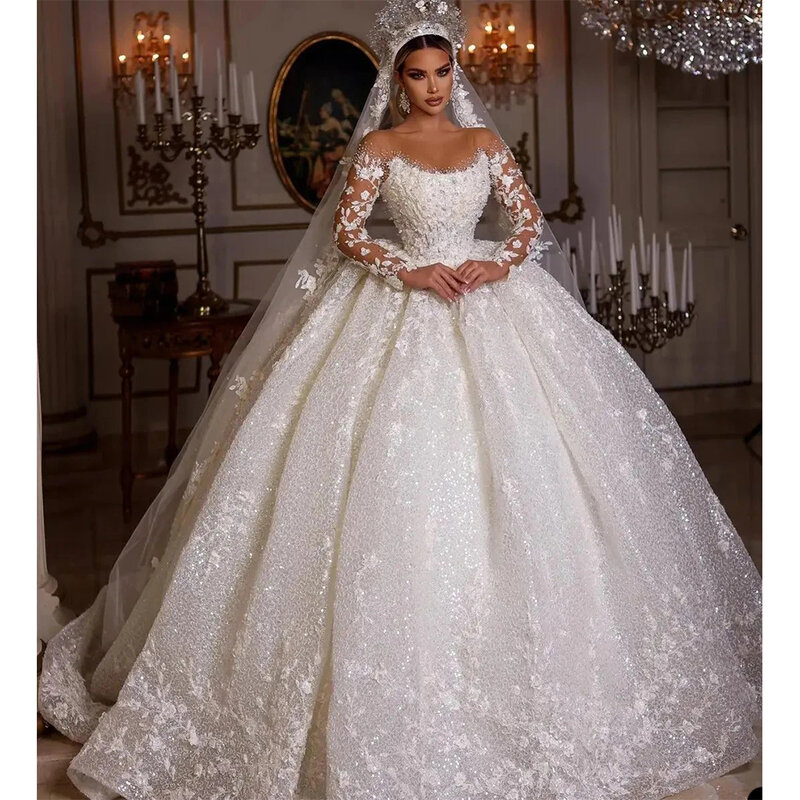 Luxury Lace Women's Wedding Dresses Long Sleeve Sparkling Princess Bridal Gowns A-Line Decal Formal Beach Party 2023 Robe Mariée