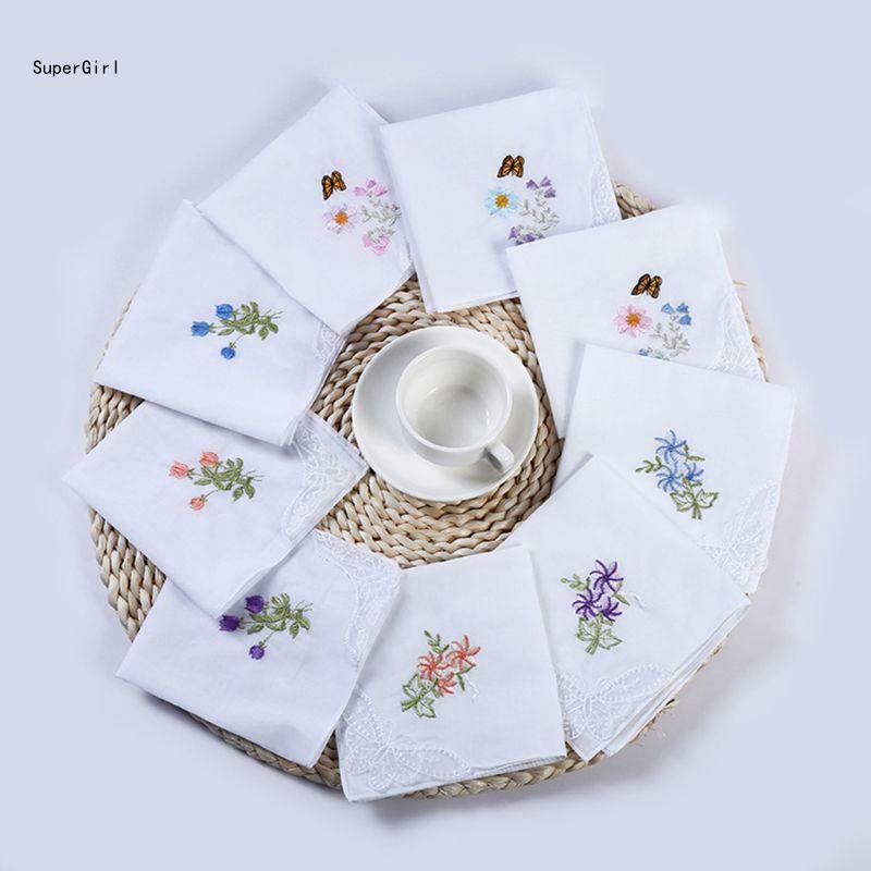 5 pz/set 11x11 pollici fazzoletti quadrati cotone da donna ricamati floreali con per farfalla pizzo angolo stile pastorale