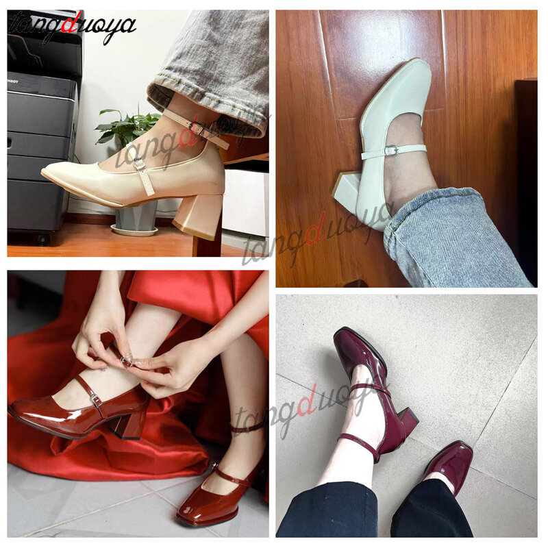 حذاء ماري جين أحمر عتيق للنساء ، جلد براءة اختراع ، كعب سميك ، كعب عالي ، مضخات فستان حفلات أنيقة ، حذاء فردي ، موضة جديدة ،