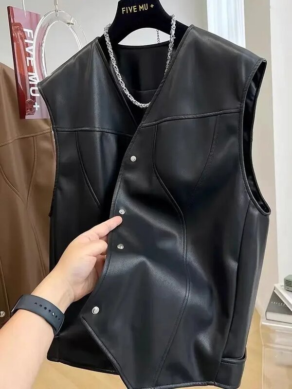Spring Autumn Women's Sleeveless  Faux Leather Vest Single-breasted Loose V-neck  Solid Jacket