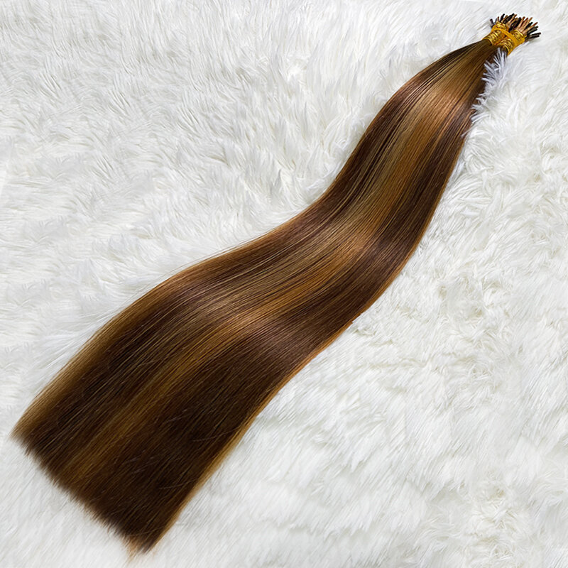 Extensões de cabelo retas I-Tip, 100% naturais, fusão humana real, cápsula de queratina, cor loura marrom, 18-30 ", 50pcs, conjunto