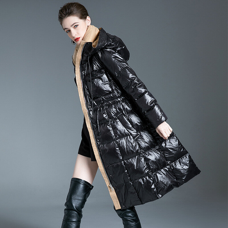 Mantel panjang bertudung untuk wanita, mantel hangat musim dingin 2023, Mantel Eropa modis kelas atas warna hitam, pakaian salju parka wanita