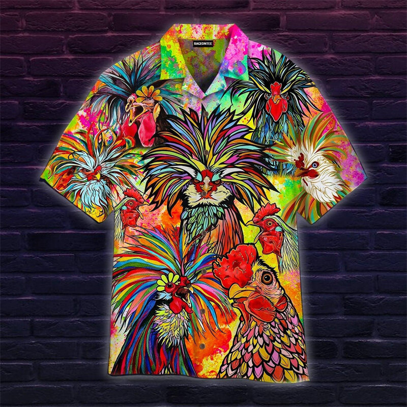 Camisa Havaiana Masculina de Botão Manga Curta, Engraçada Estampada Frango, Camisa Aloha Praia, Plus Size, 6XL, Moda Casual, Verão