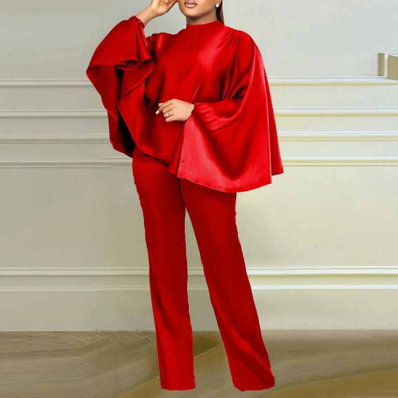 2Pcs/Set Women Faux Satin Tops Long Pants Set Solid Color Elastic Batwing Long Sleeve Lady Outfit Women's Clothing