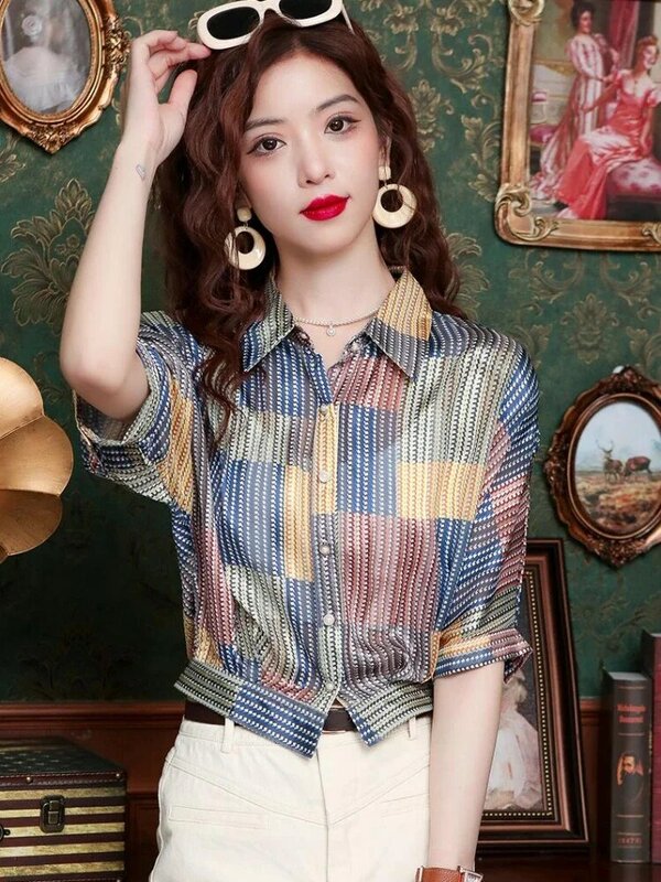 Chiffon Women's Shirt Summer Vintage Stripes Blouses Slim Plaids Prints Women Tops Short Sleeves Fashion Clothing YCMYUNYAN