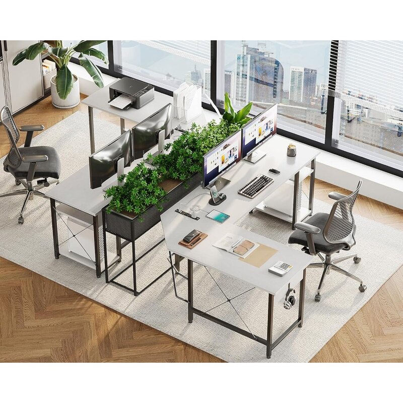 Coleshome meja komputer berbentuk L 66 "dengan stopkontak daya & rak penyimpanan, meja tulis sudut kokoh meja kerja