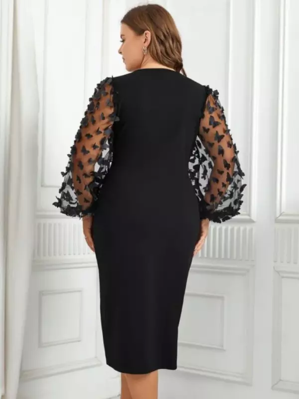 Black Midi Dresses See Through Puff Long Sleeve Butterfly Appliques Sheath Chic Evening Party Plus Size Outfits for Ladies