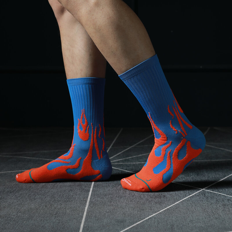 SPORT'S HOUSE Flame pattern towel-sole mid-tube socks Wicking sweat breathable anti-friction fashion trend sports socks