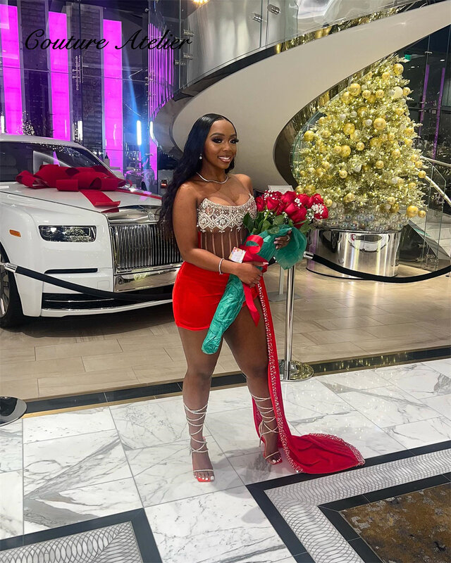 Red Velvet Christmas Prom Dresses Gowns For Black Girls 2024 Mermaid Birthday Party Dress With Beaded Train Strapless Homecoming