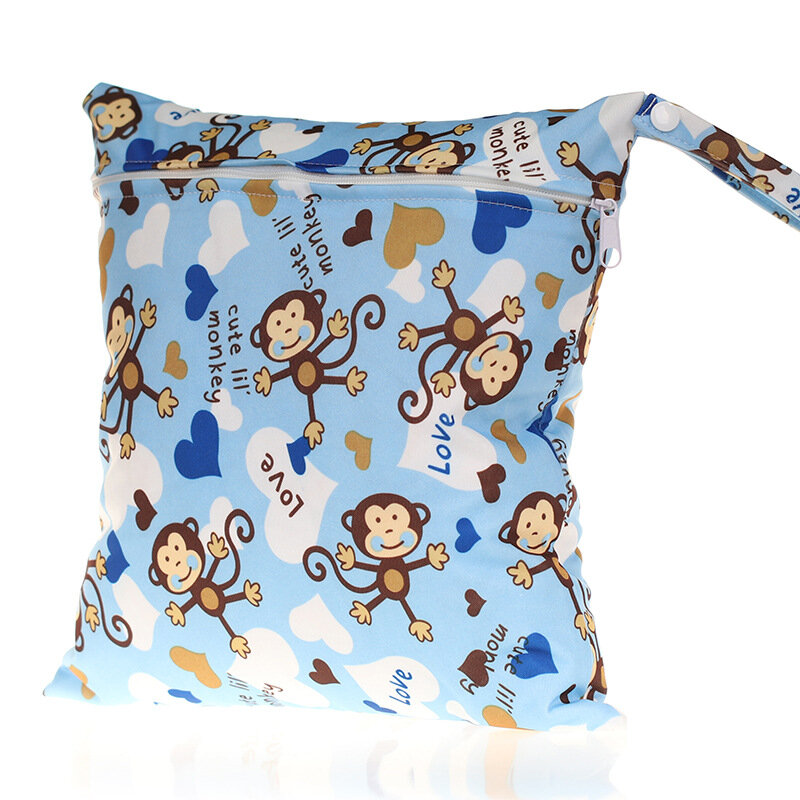 Impermeável Digital Print Fralda Bag, saco molhado, pode lavar urina bolsa, adorável animal padrão, único zíper fralda saco, 28x30cm, novo