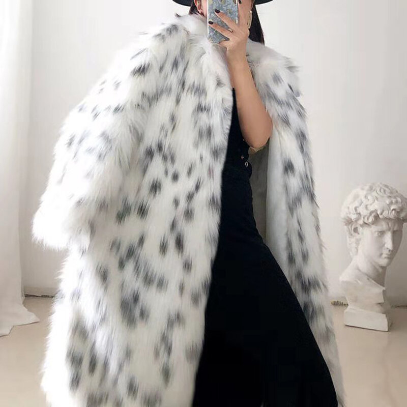 Jaqueta feminina de pele falsa de raposa, cardigã solto casual, casaco de lã branco, comprimento médio, tamanho grande, alta qualidade