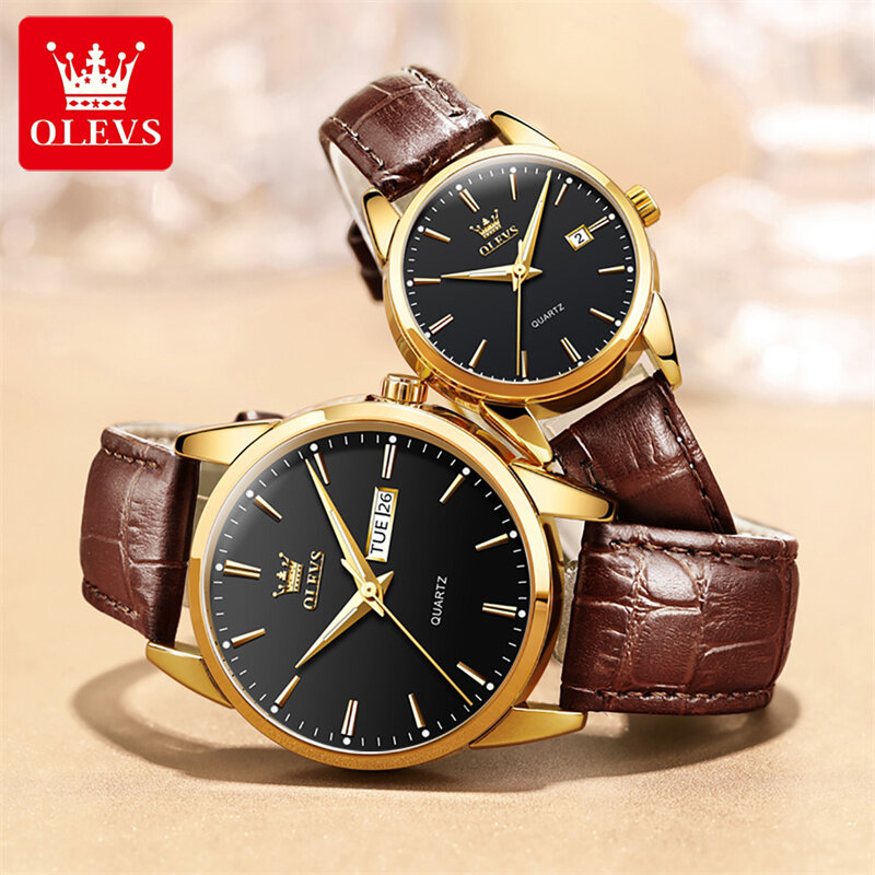 OLEVS Brand New miłośnicy mody zegarek kwarcowy dla mężczyzn kobiety luksusowy skórzany pasek wodoodporny świecący tydzień data zegarki dla par