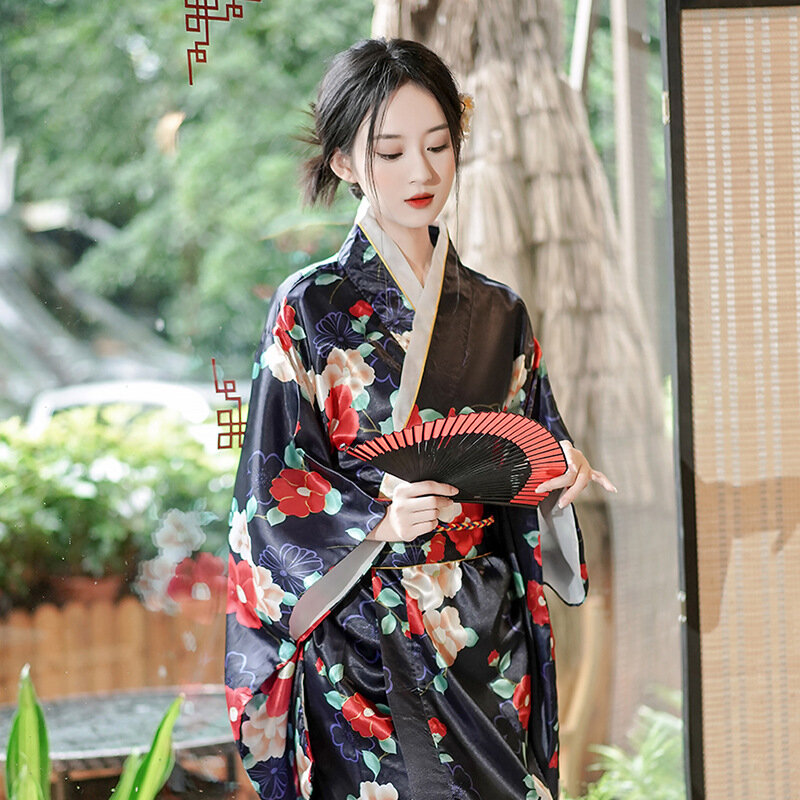Kimono tradisional Jepang dengan Obi gaun malam wanita Vintage Geisha Kimono antik kostum Cosplay pentas wanita