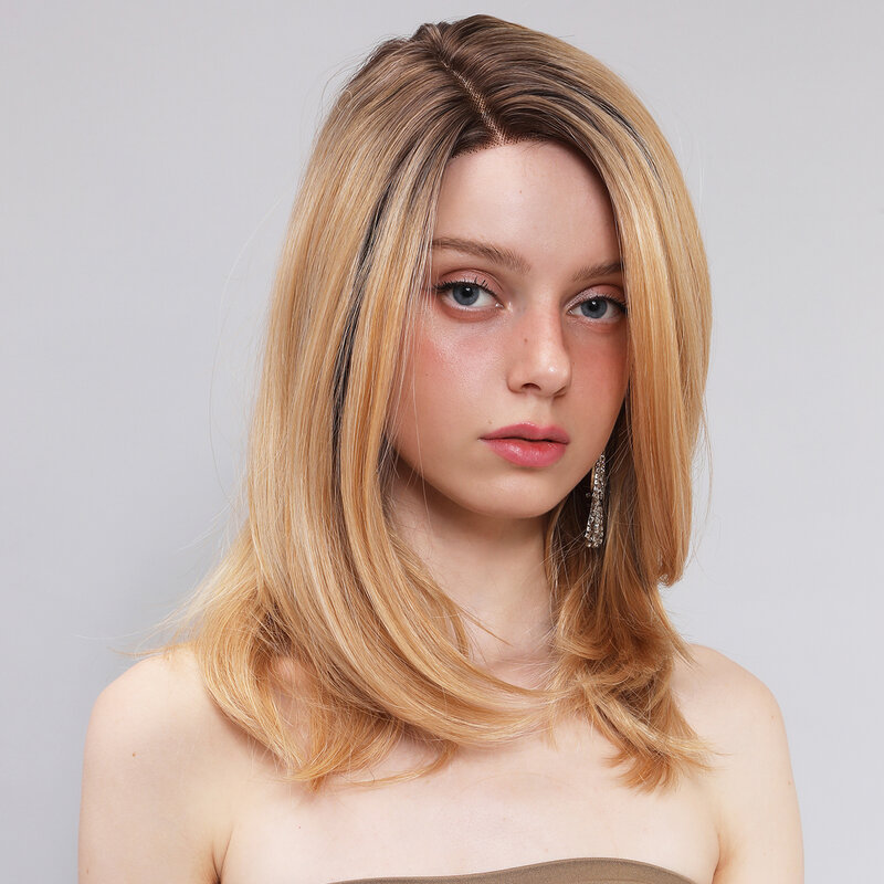 Smilco Golden Synthetic Lace Front Short Straight Bob Wigs For Women Invisible Lace Front Preplucked Wig Heat Resistant Hair