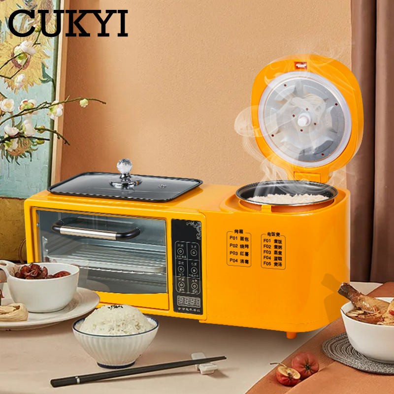 CUKYI 3 In 1 Electric Breakfast Machine Multifunction Coffee maker frying pan mini oven  household bread pizza oven frying pan