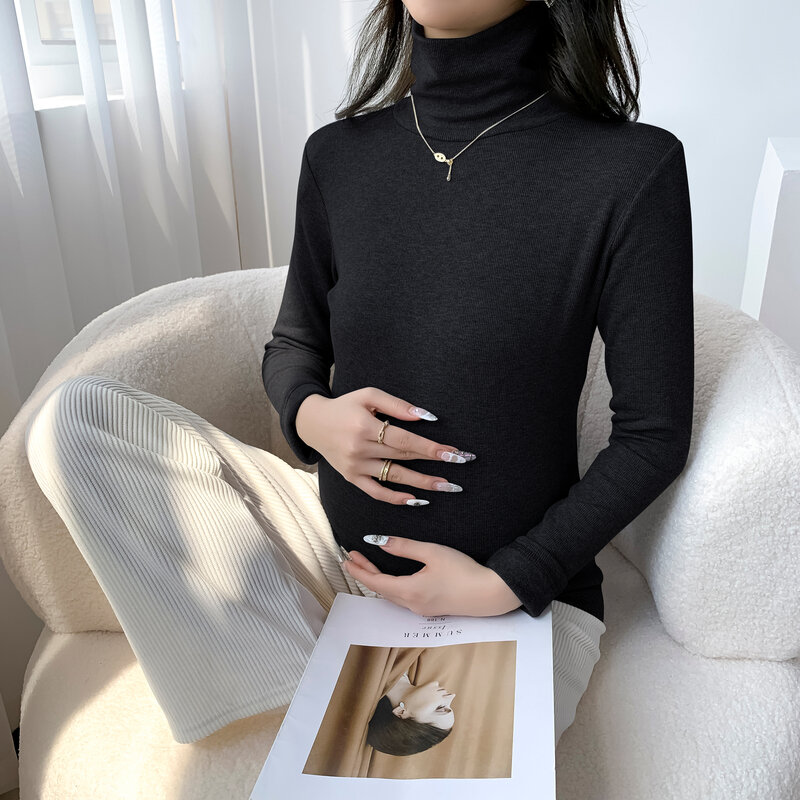 Camiseta de lana de maternidad de estilo coreano para mujer embarazada, camisa básica de cuello alto de manga larga, Top grueso y cálido estirado, moda de invierno