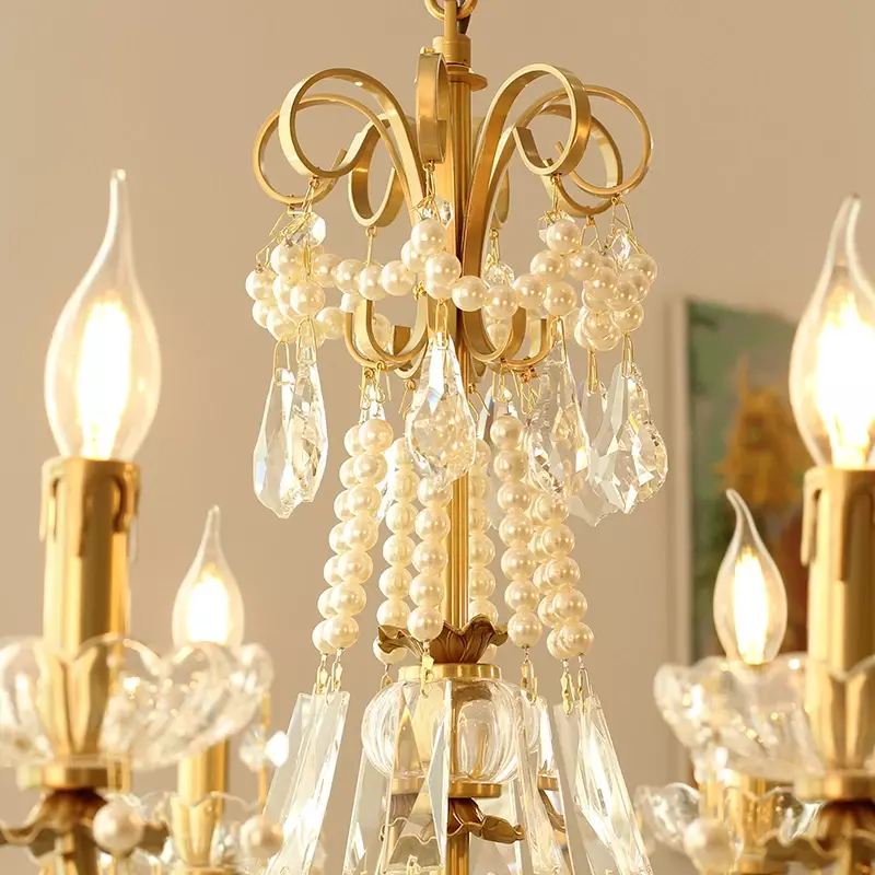Moderne candele di perle lampadari a soffitto tutto in rame LED Luxury Crystal Light Villa europea soggiorno sala da pranzo camera da letto lampada