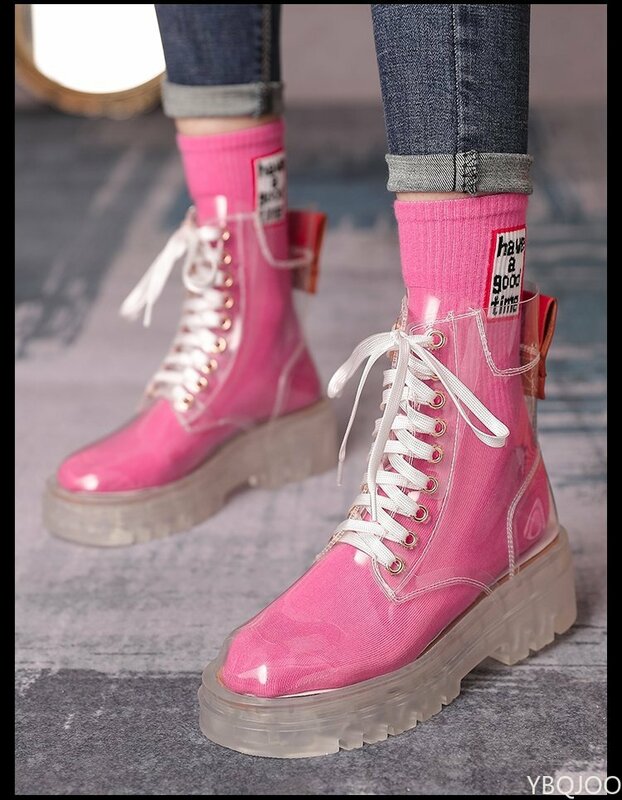 2022แฟชั่นผู้หญิงโปร่งใสแพลตฟอร์มรองเท้ากันน้ำข้อเท้ารองเท้าผู้หญิงล้างส้น Sepatu BOOT Pendek เซ็กซี่หญิงรองเท้าฝน